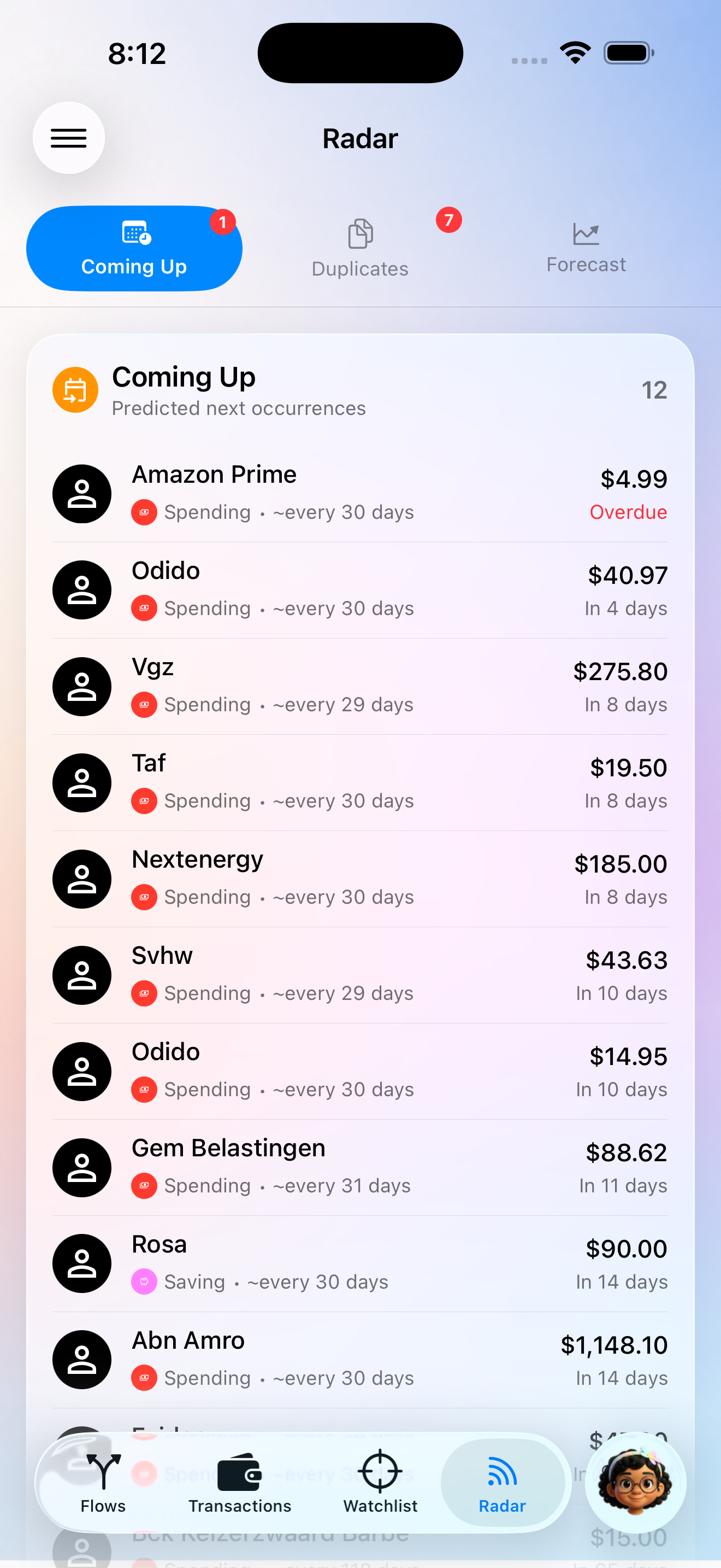 Radar tab: upcoming charges, Net Saving and investment forecasts, and duplicate detection