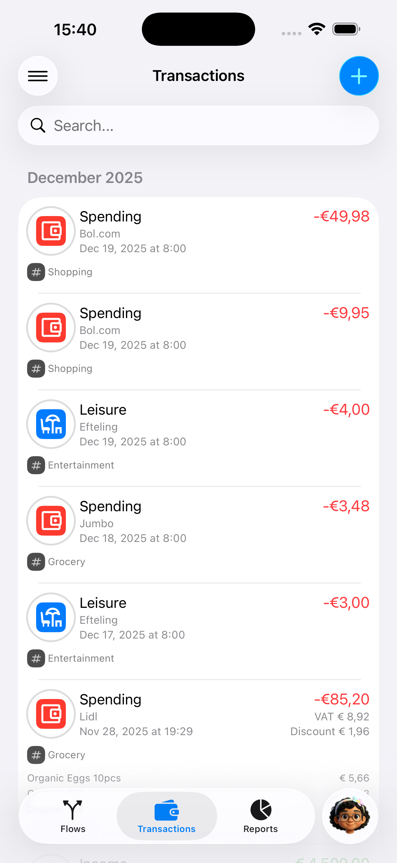 Transaction list view
