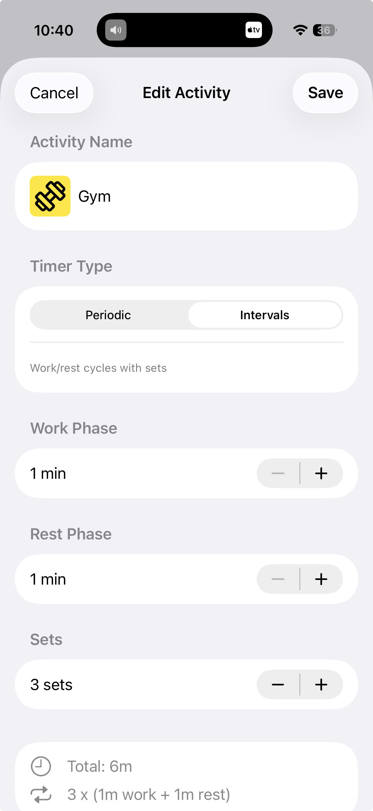 Interval activity setup