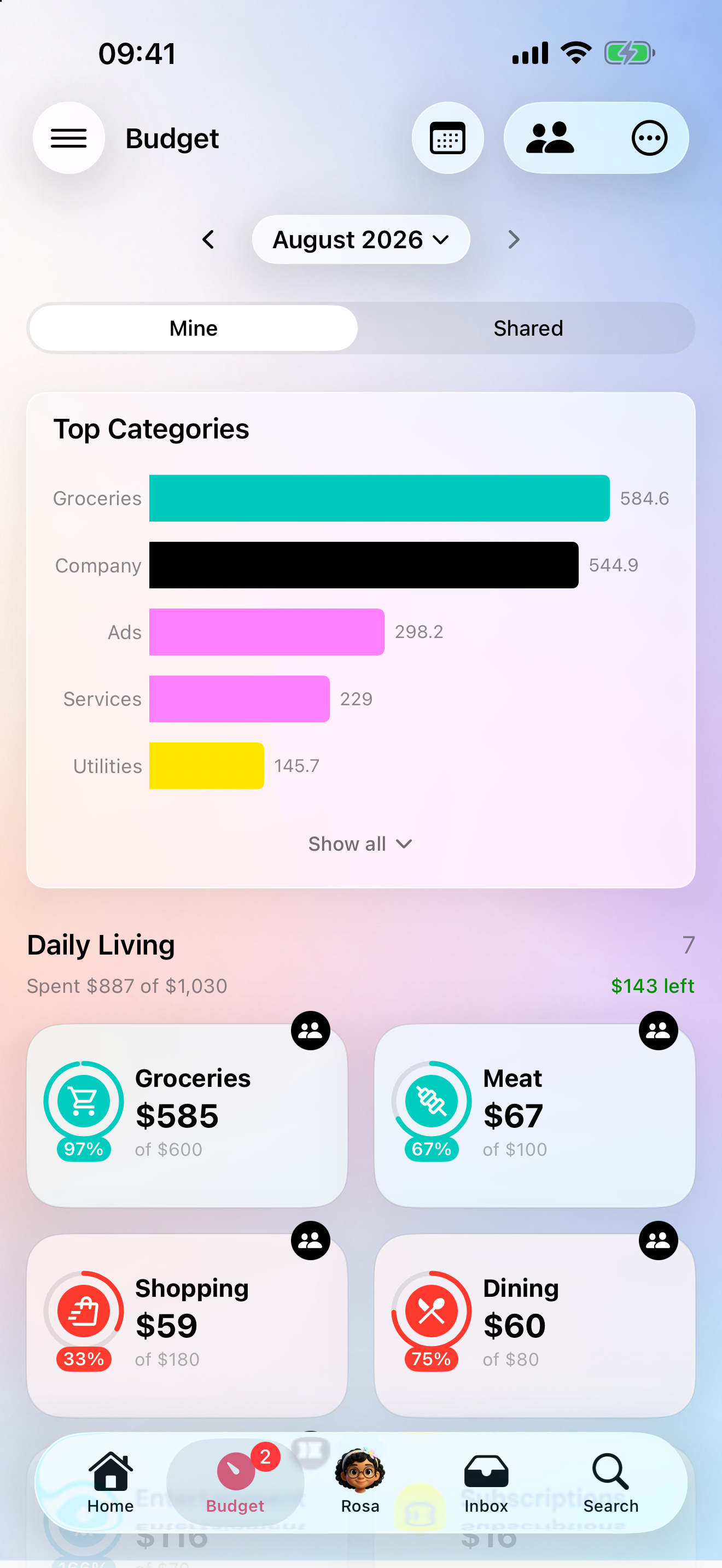 Budget with its limit, progress bar, and monthly trend