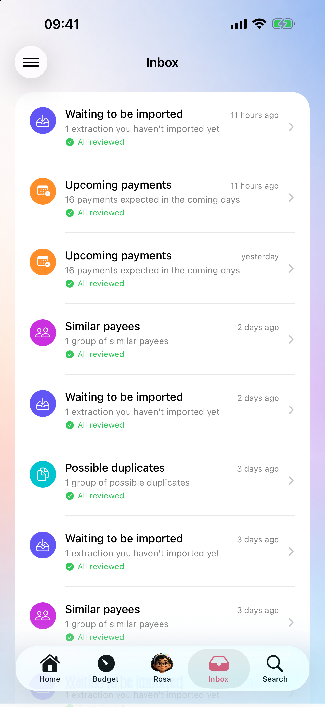 Inbox with recurring payments, upcoming charges, and duplicate detection