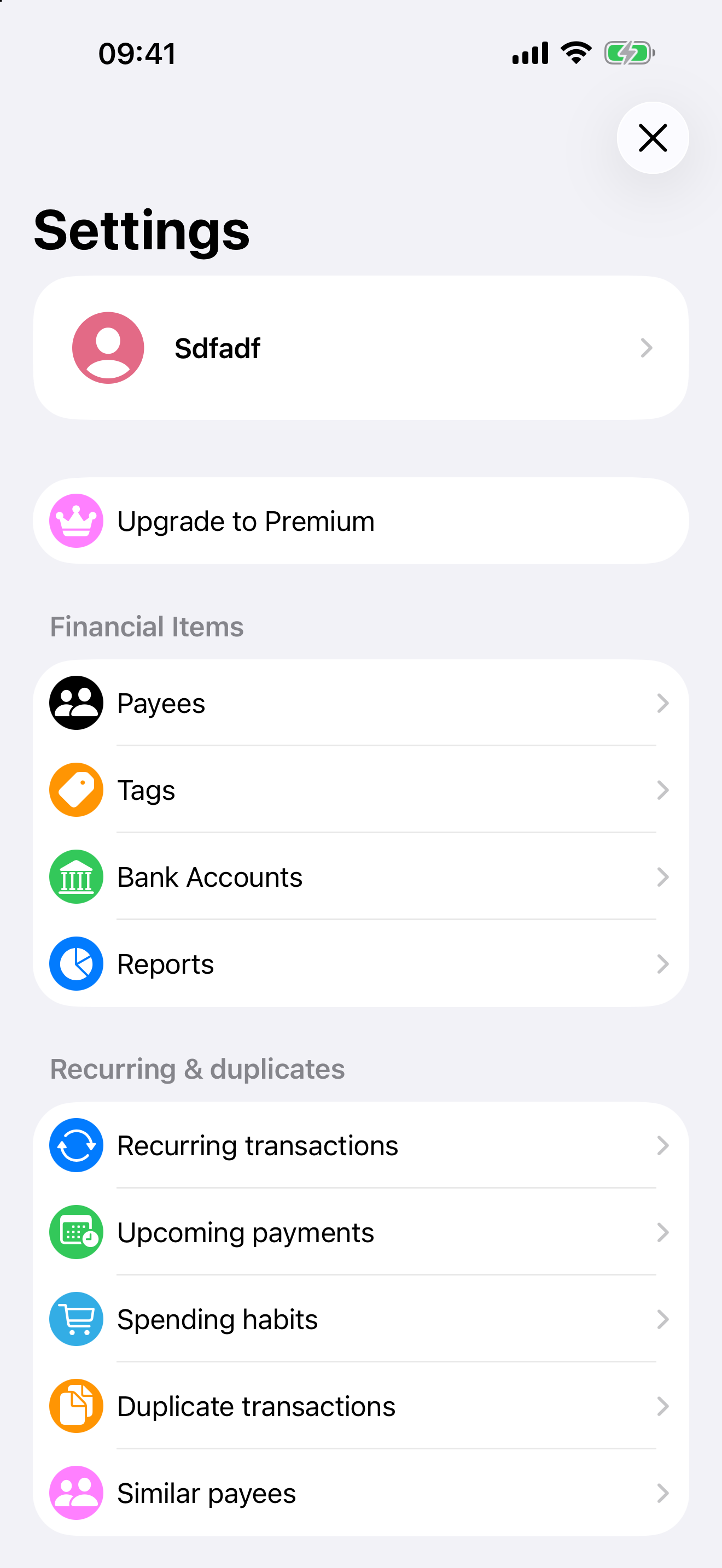 Settings view